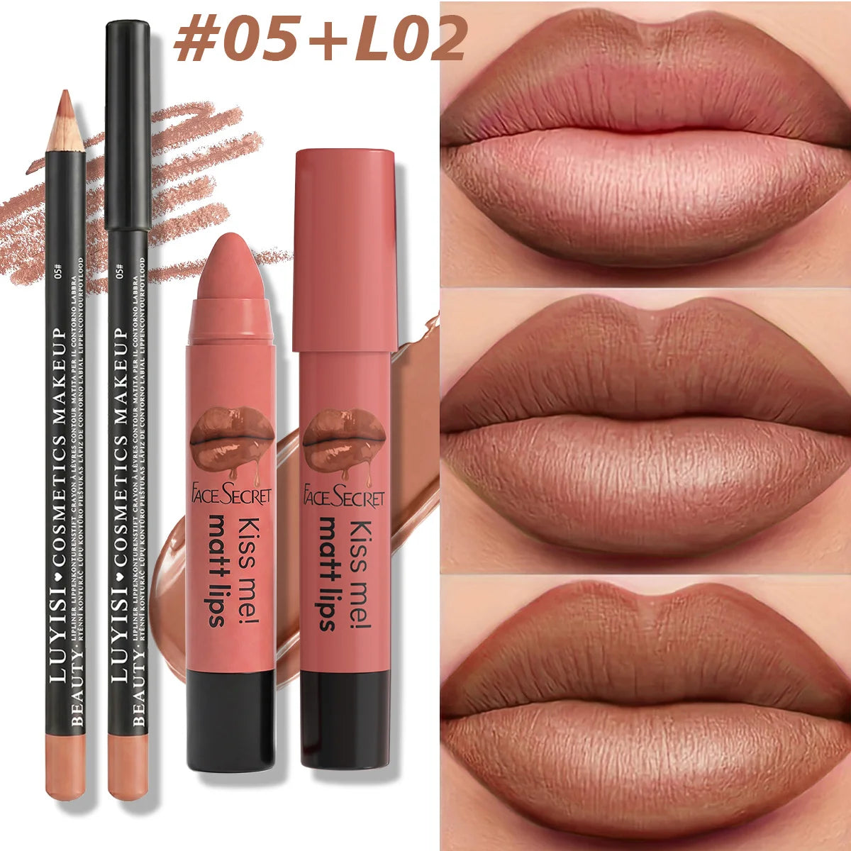 Professional matte lipstick and lip liner set in nude brown with long-wear, waterproof, high-pigmented finish.