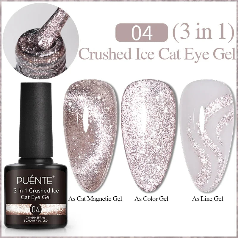 Crushed ice cat eye gel polish in silver-pink, shown as magnetic, full-color, and line art on nail swatches.