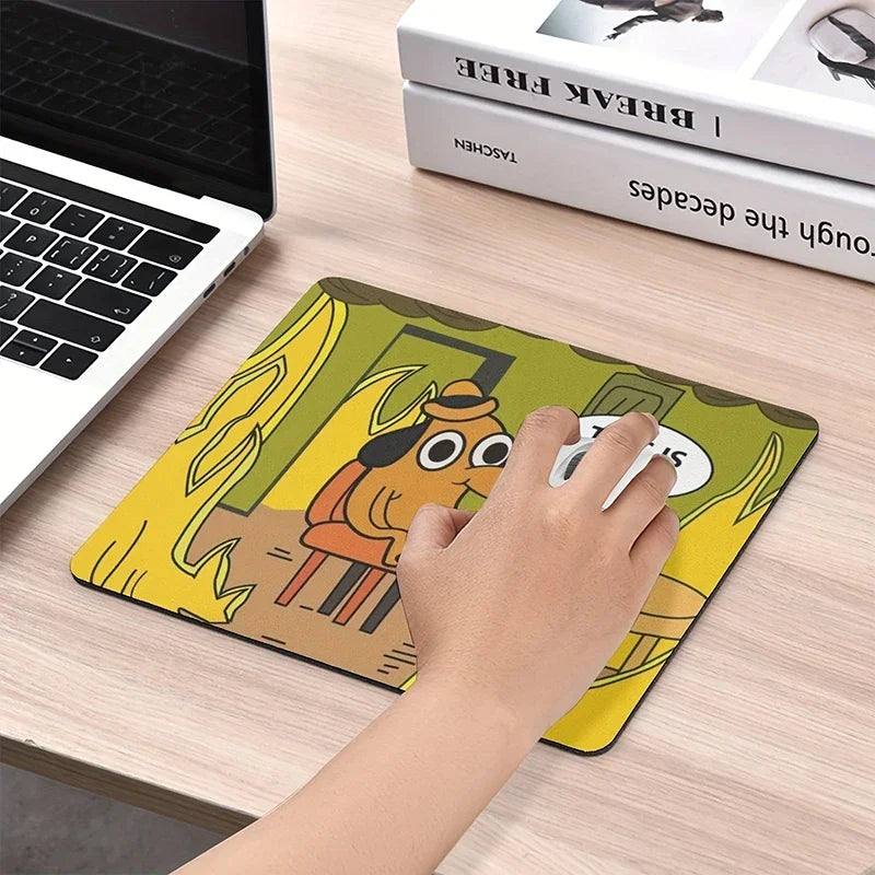 Cute dog "This is Fine" meme mouse pad, non-slip rubber computer mat for smooth gaming and office desk productivity.