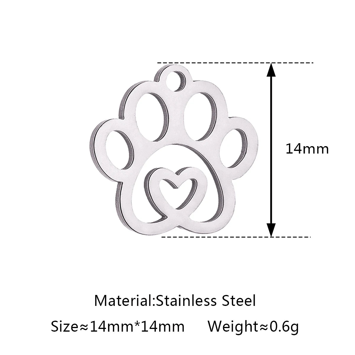 14mm silver stainless steel dog paw print charm for DIY pet jewelry, necklaces, and bracelets.