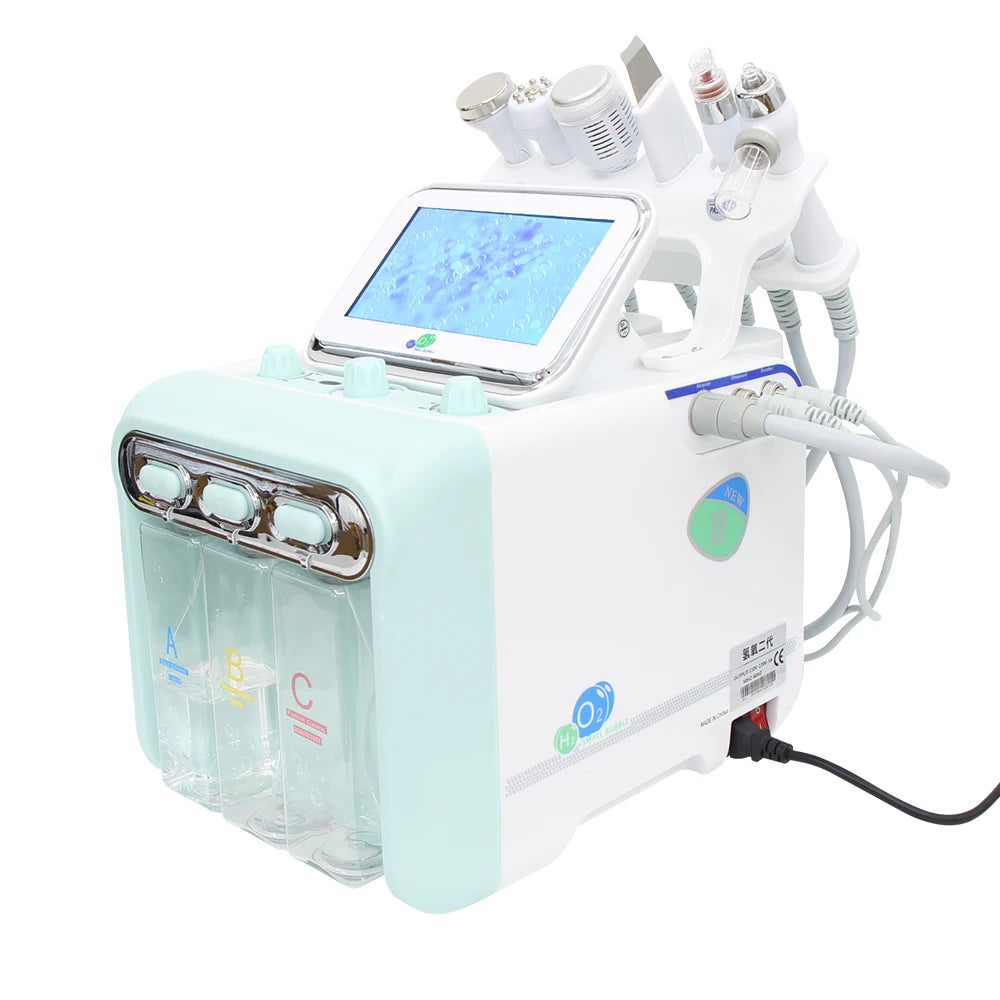AOKO 7-in-1 hydro dermabrasion facial machine with water tanks, touchscreen, and multiple skin care treatment wands.