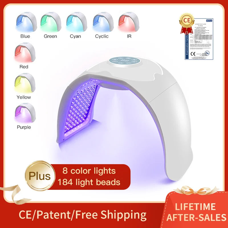 White arched PDT LED light therapy mask for home facial skin rejuvenation with 8 color modes and 184 LED light beads.