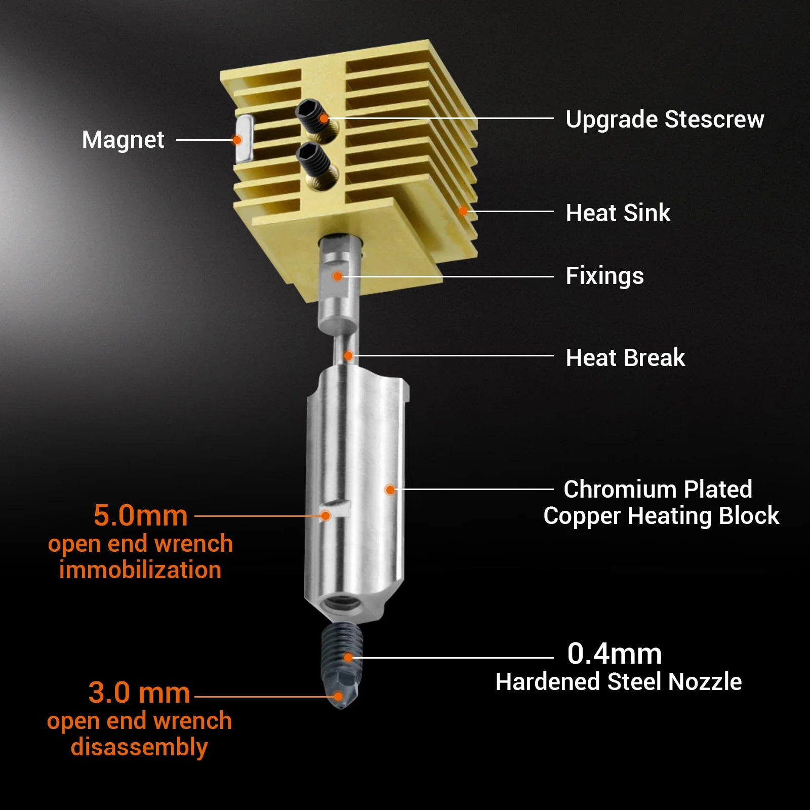 3D printer hotend assembly with brass heat sink, chromium-plated copper heating block, and 0.4mm hardened steel nozzle.