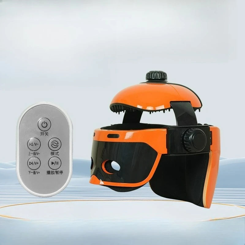 Orange integrated head and eye massager helmet with scalp massager, adjustable knobs, and remote control for therapy.