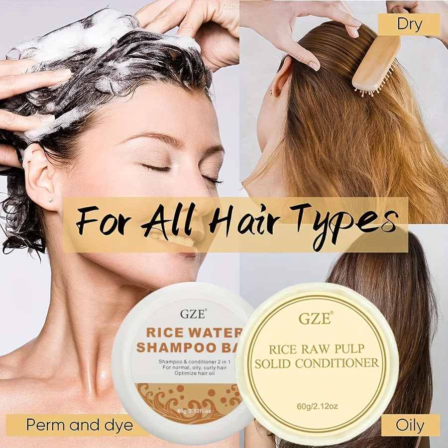 GZE Rice Water Shampoo Bar Soap and Rice Raw Pulp Solid Conditioner For Hair Strengthening, Helps Dry Hair Moisturizing