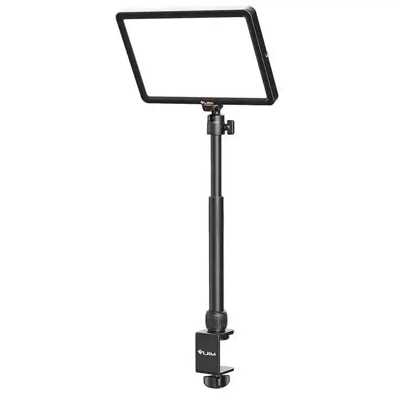 LED panel light on an adjustable black metal stand with a desk clamp for video conferencing and streaming.