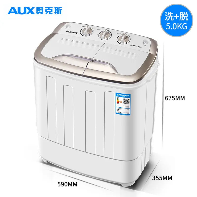 White compact twin tub washing machine with transparent-looking top lid and control dials