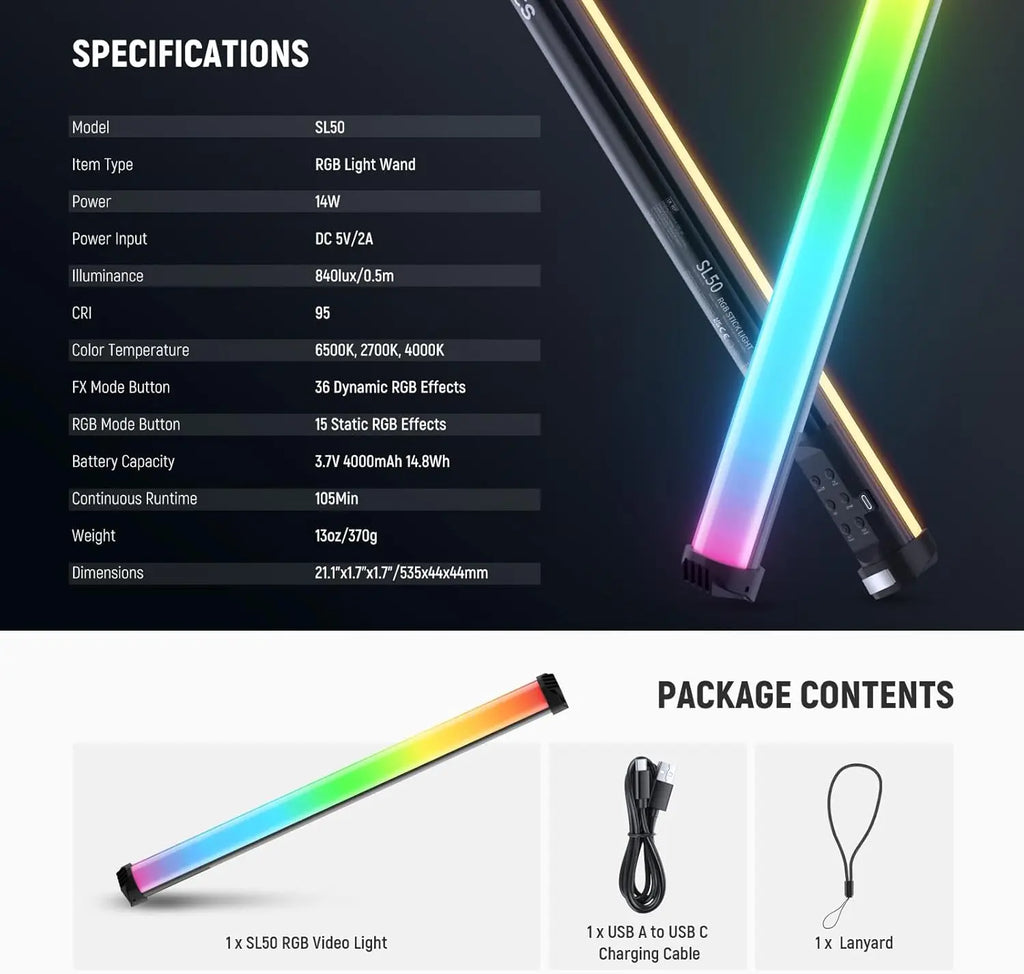 SL50 RGB light wand with spectrum colors, black casing, USB-C charging cable, and lanyard for photography lighting.