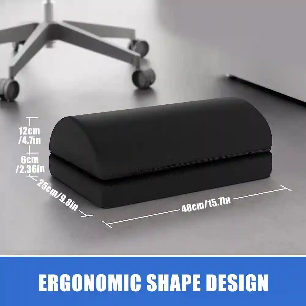 Black adjustable memory foam under desk foot rest for office and gaming chairs with ergonomic dimensions.