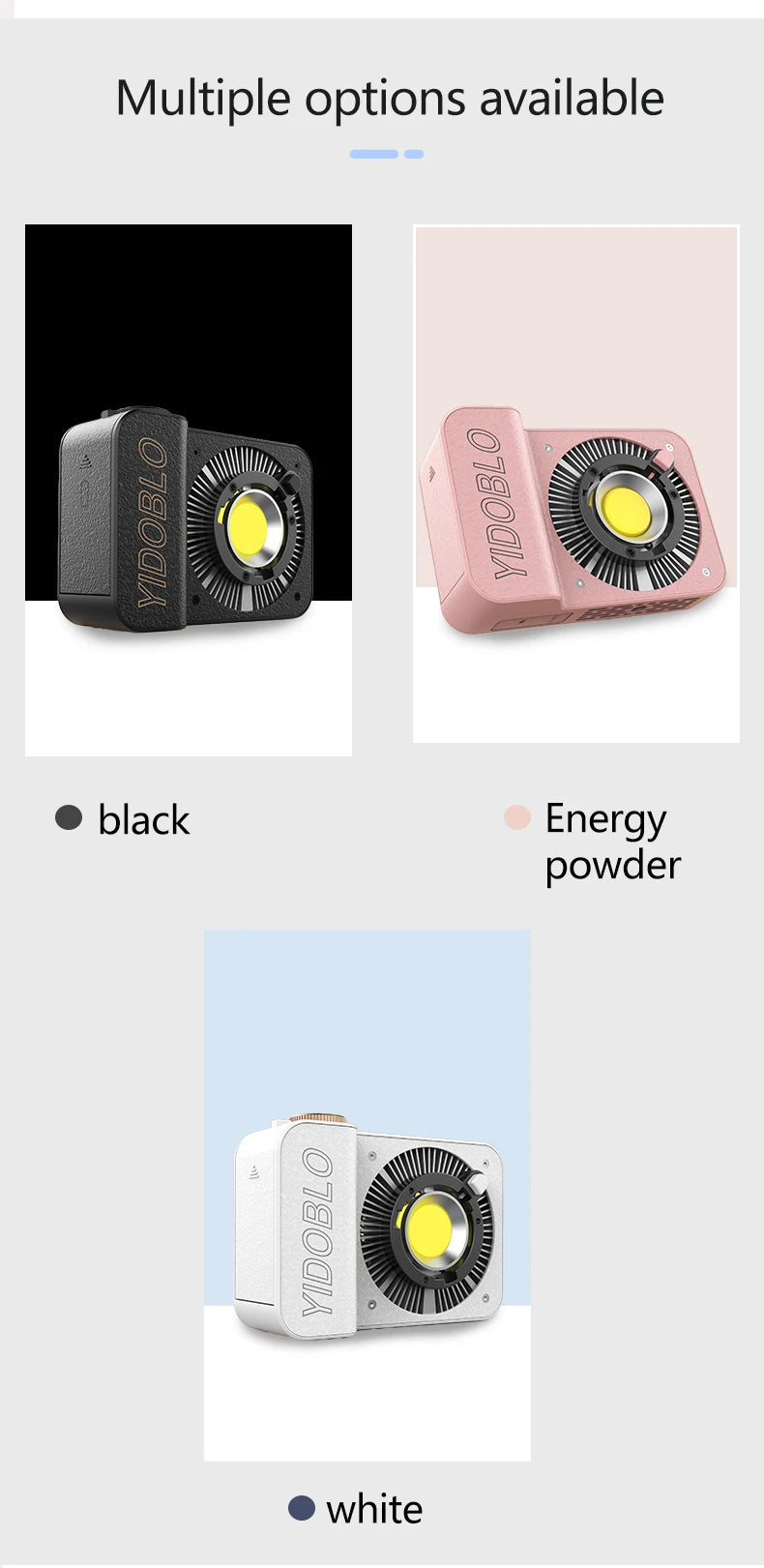 Compact, square LED video lights in black, pink, and white, featuring a prominent circular COB light source and lens.