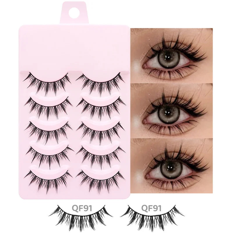 Five pairs of black, wispy Manga-style false lashes on a pink tray, shown applied for a natural anime eye look.