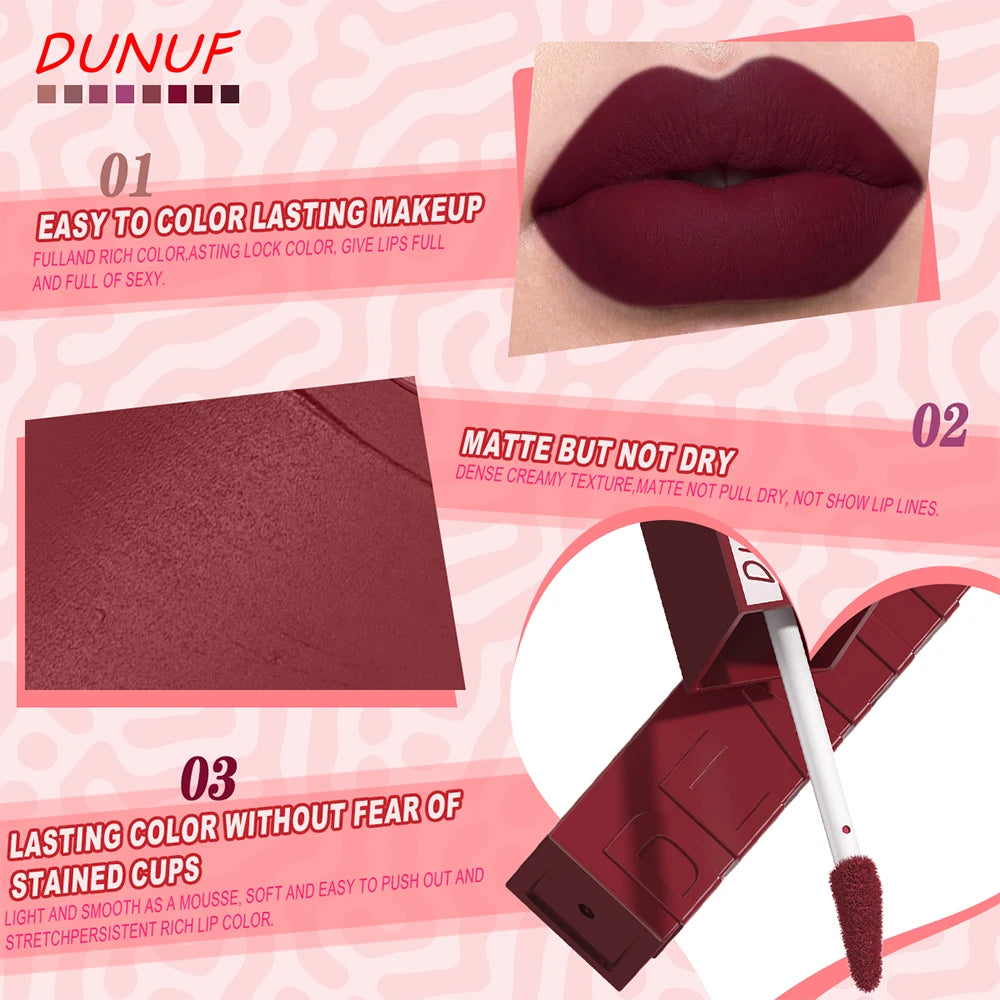 8pc matte lip gloss set with deep red pigment, velvety texture, waterproof long-lasting formula, and wand applicator.
