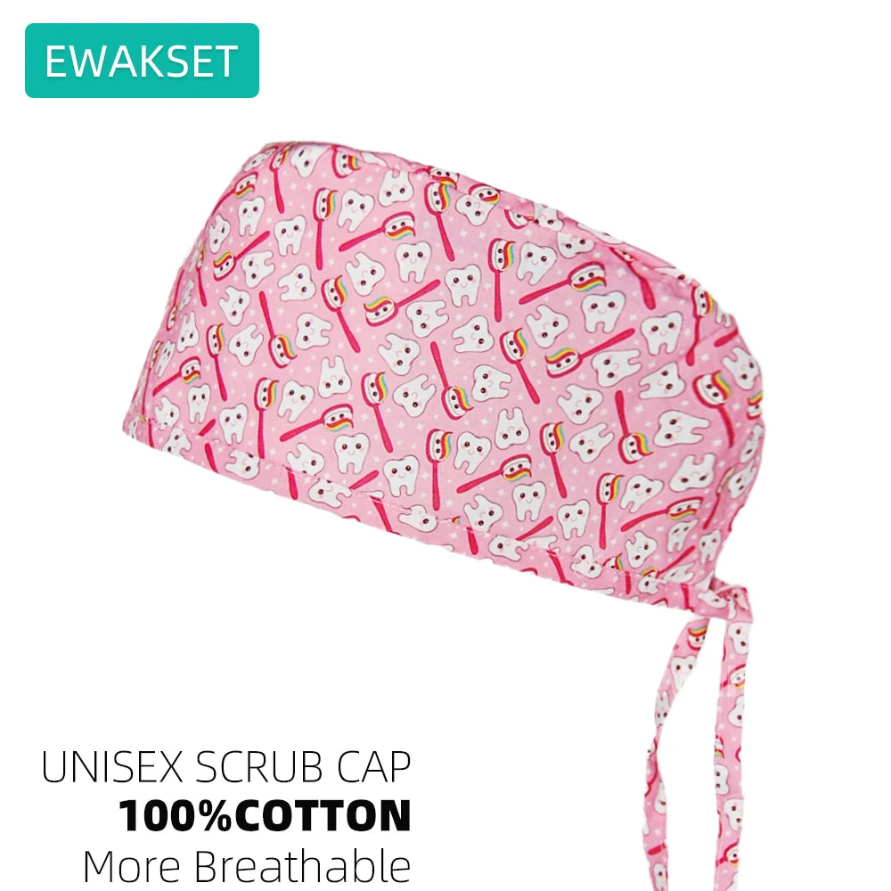 Pink cotton scrub cap with tooth print for vet and dental professionals. Adjustable, breathable unisex surgical hat.