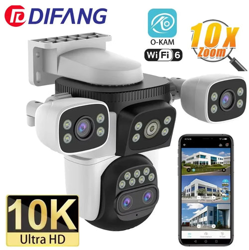 Outdoor PTZ security camera with four lenses in white and black dome-style housing