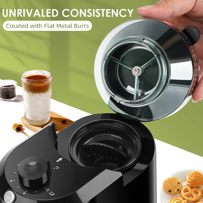 Black electric coffee grinder with flat metal burrs and adjustable 12-cup grind settings for consistent coffee beans.