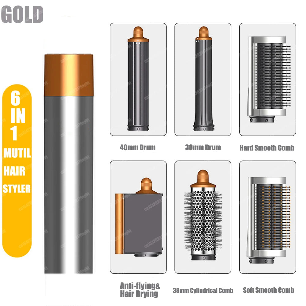 6-in-1 gold hair styler set with curling barrels, smoothing brushes, and dryer attachment for salon-quality hair.