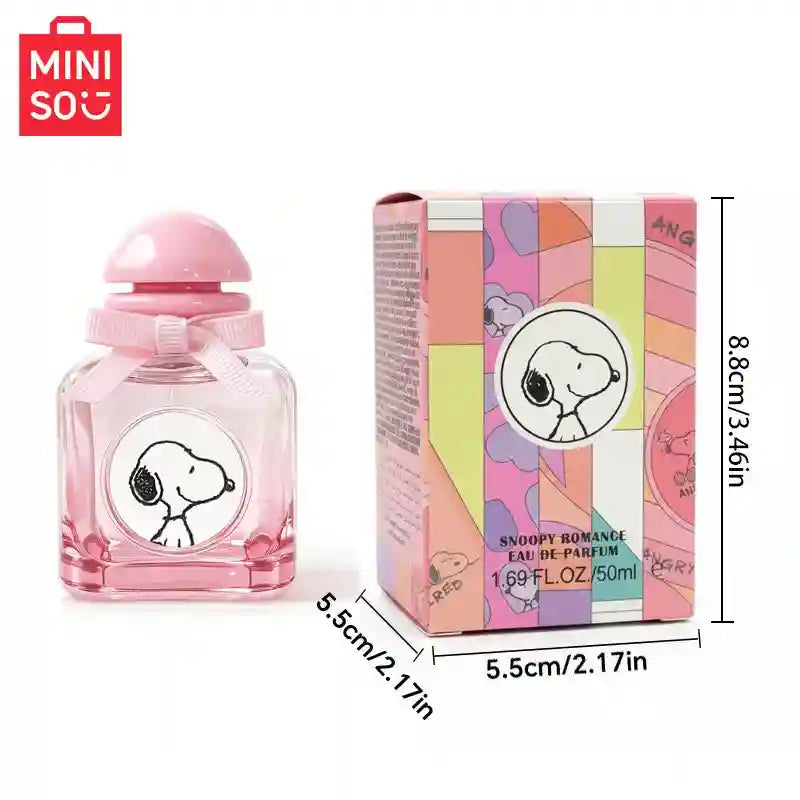 MINISO Snoopy Romance EDP for women: 50ml pink glass bottle with bow, fruity floral scent, cute gift fragrance.