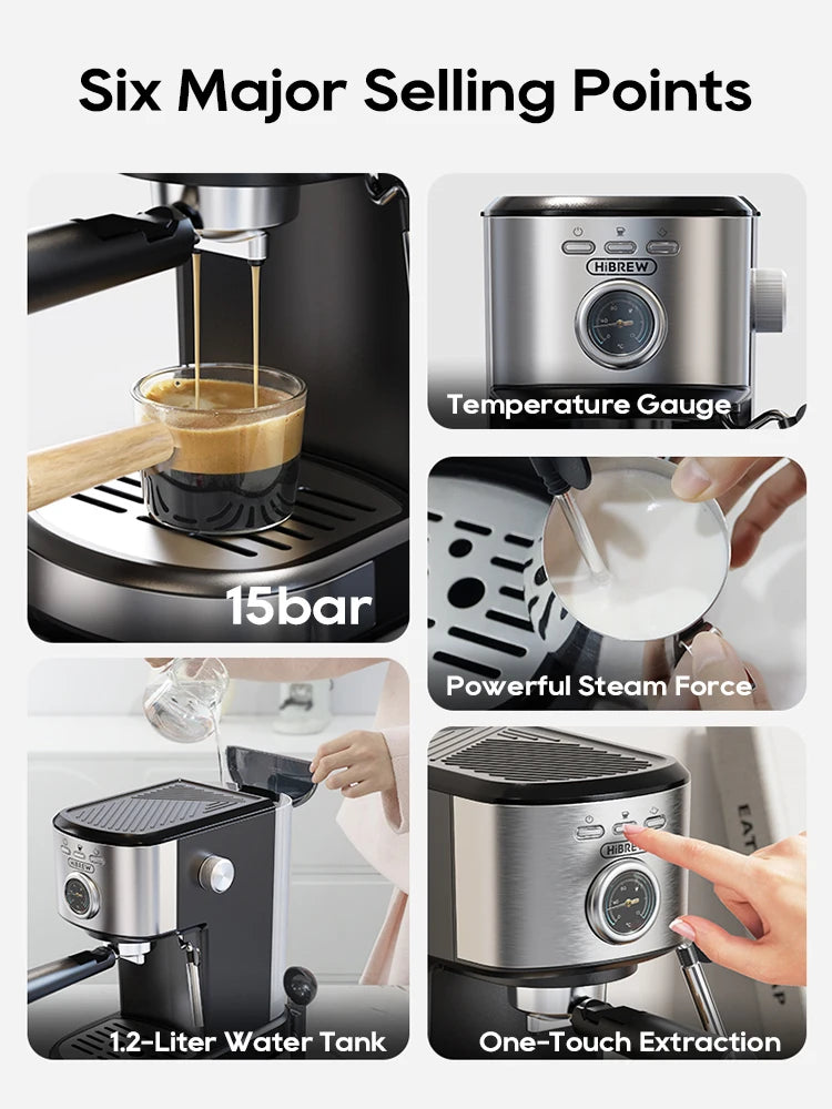 HiBREW 15-bar espresso machine with stainless steel finish, temperature gauge, milk frother, and 1.2L water tank.