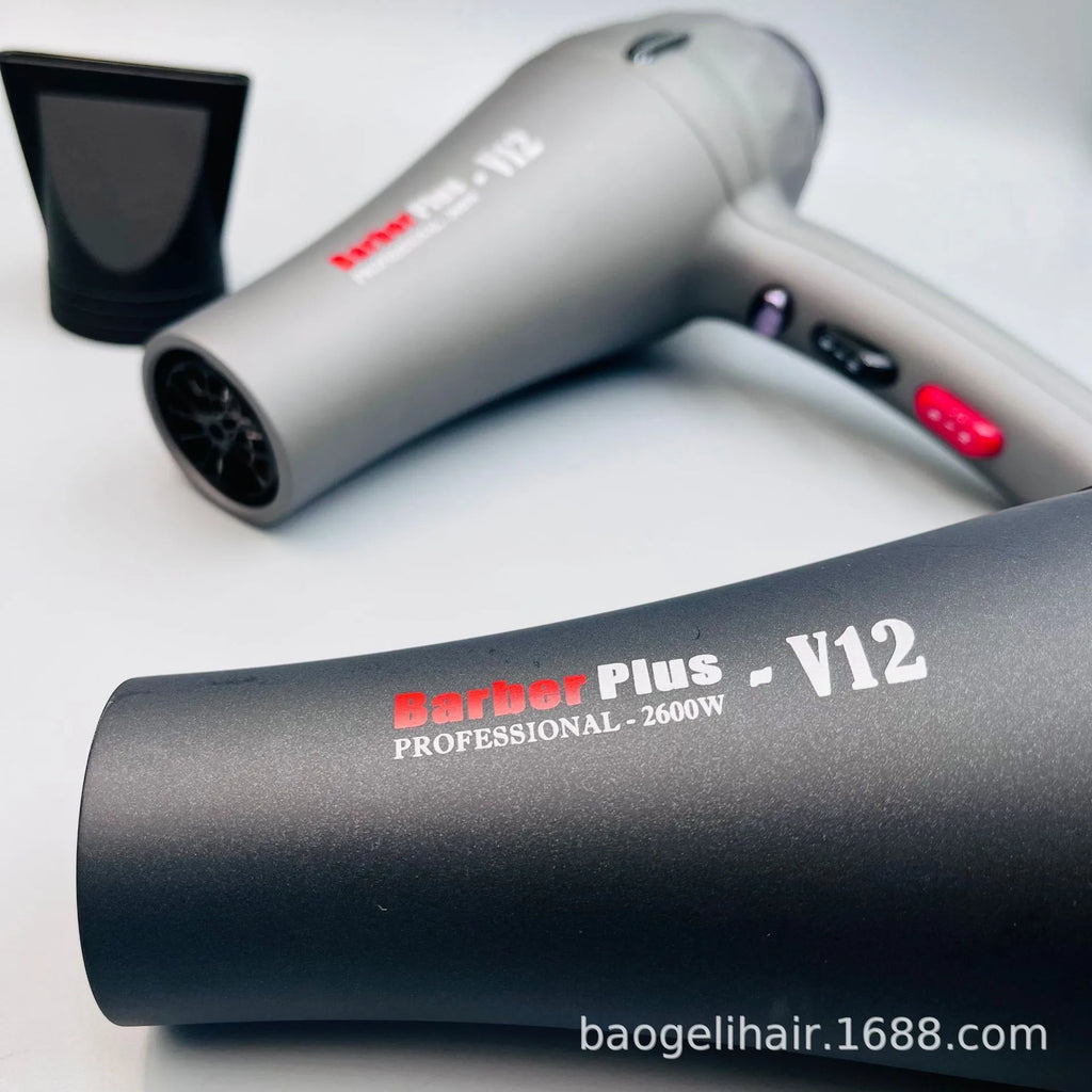 Barber Plus V12 2600W professional hair dryer in matte grey with concentrator nozzle for fast salon-quality styling.