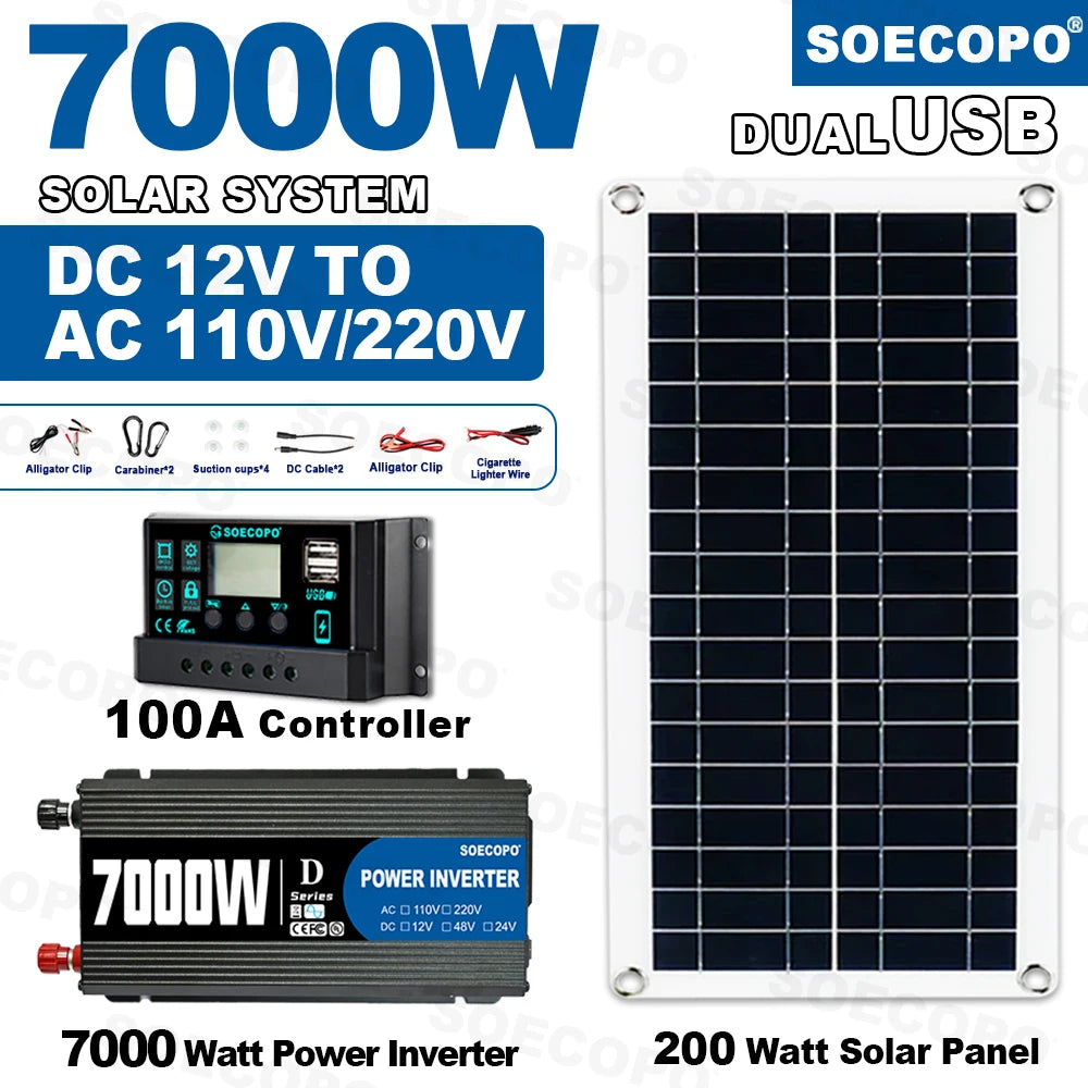 SOECOPO 7000W Peak Solar Power System Kit 200W Panel 100A Controller 12V To 110V 220V Inverter Generator for Camping RV Car Home