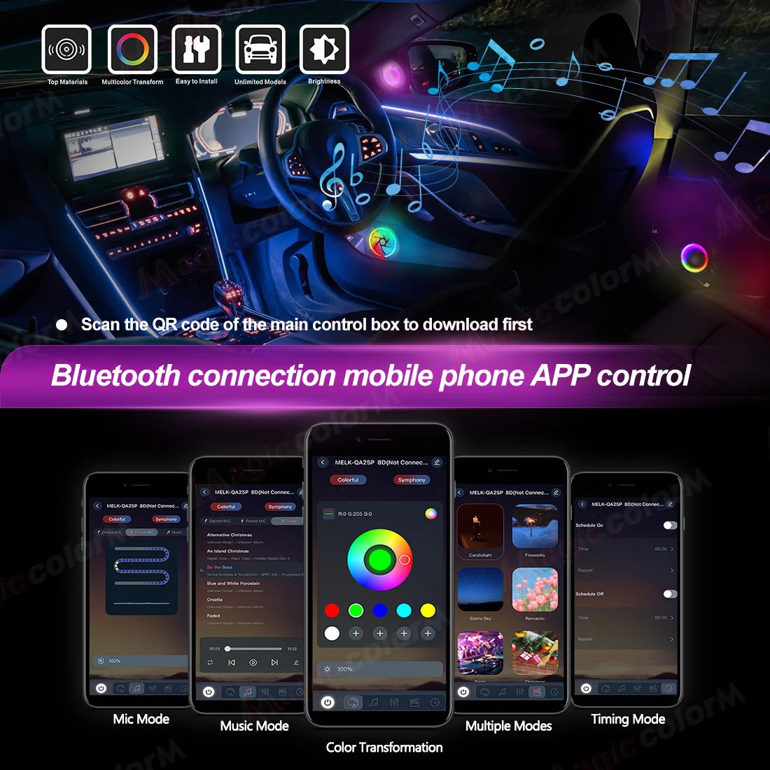 Multicolor car interior LED ambient lighting kit with Bluetooth app control, featuring custom color and music modes.