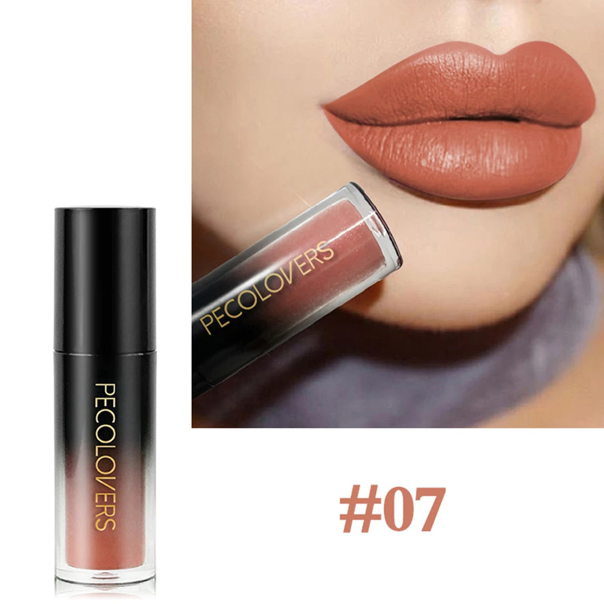 PeColovers #07 velvet matte liquid lipstick in nude terracotta, waterproof, long-lasting non-stick cup lip makeup.