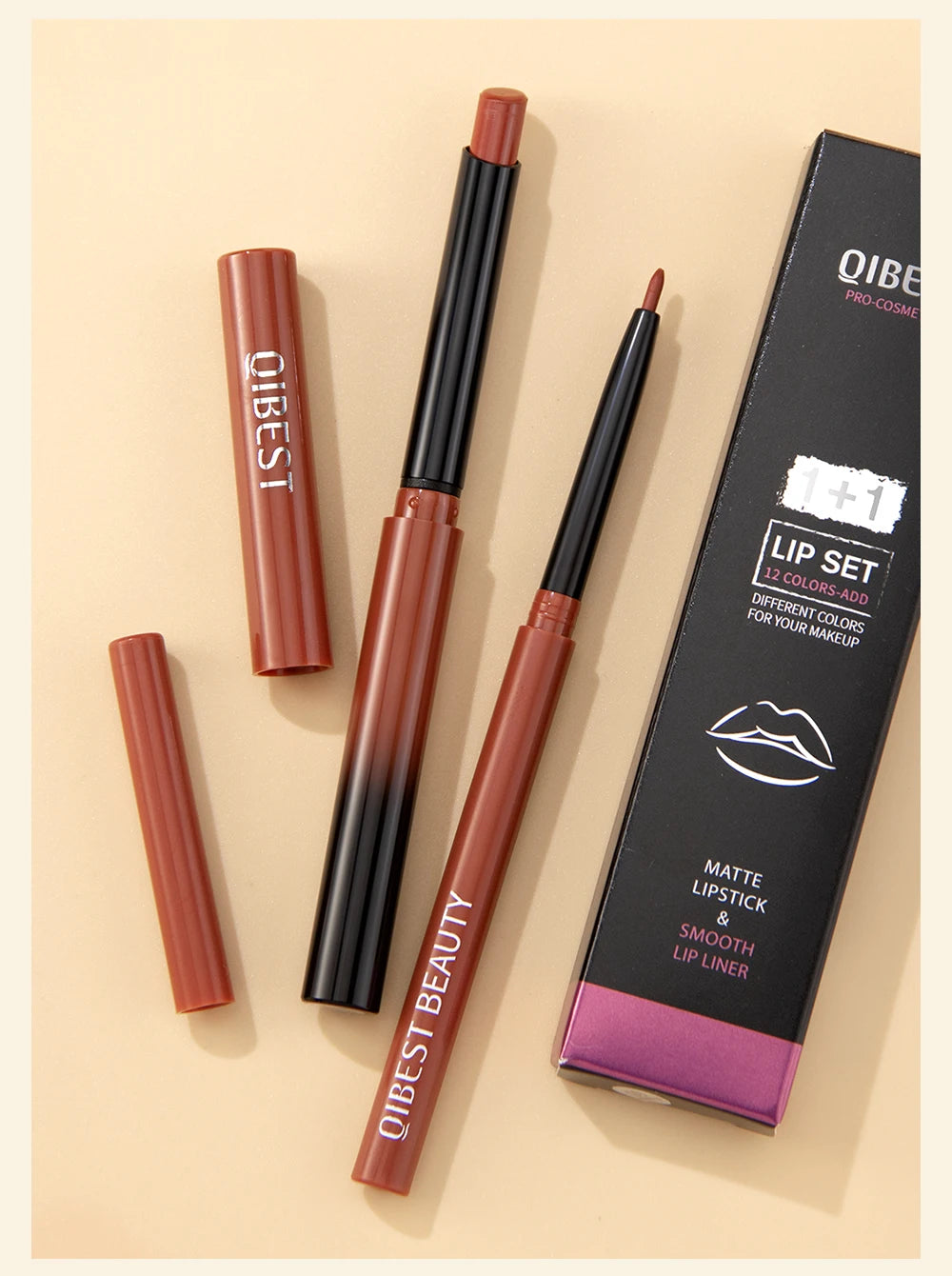 QIBEST 2pc matte nude lipstick and lip liner pencil set with waterproof, long-lasting formula in elegant packaging.