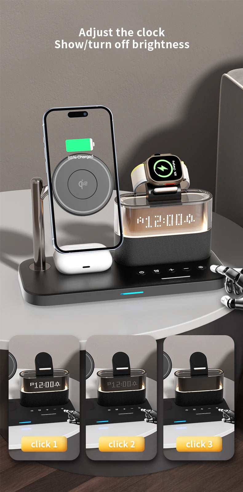 3-in-1 MagSafe Wireless Charger Station with RGB Alarm Clock Tidesmit