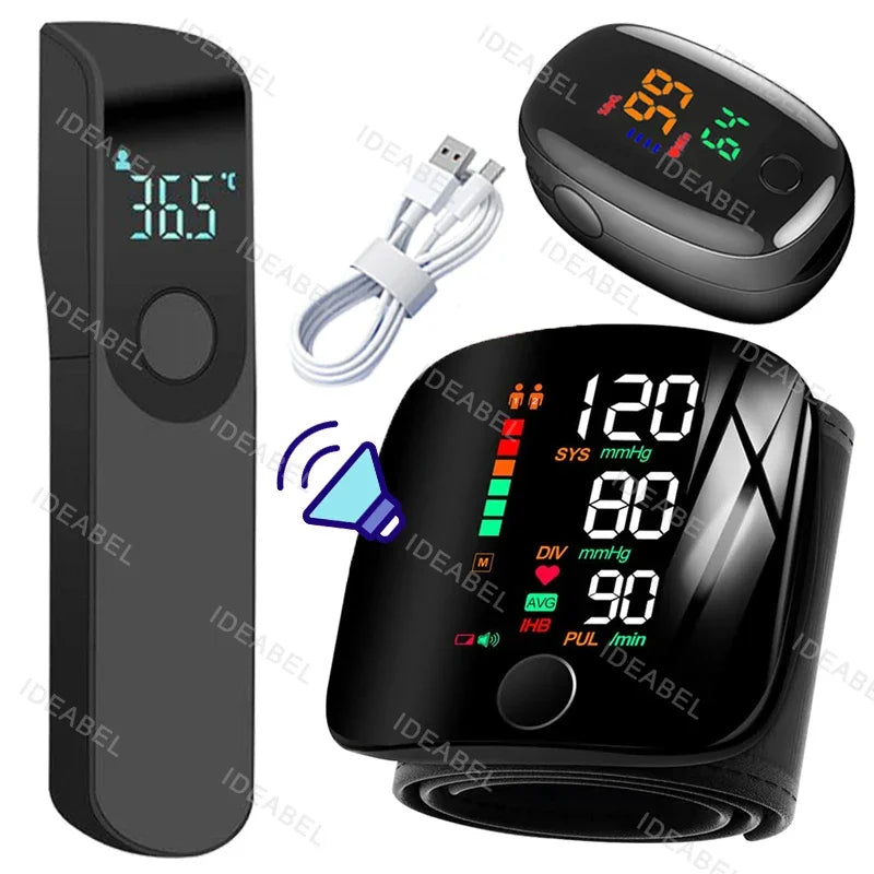 Wrist Blood Pressure Monitor LED Rechargeable English Voice Broadcast Tonometer BP Monitor Forehead Digital Thermometer