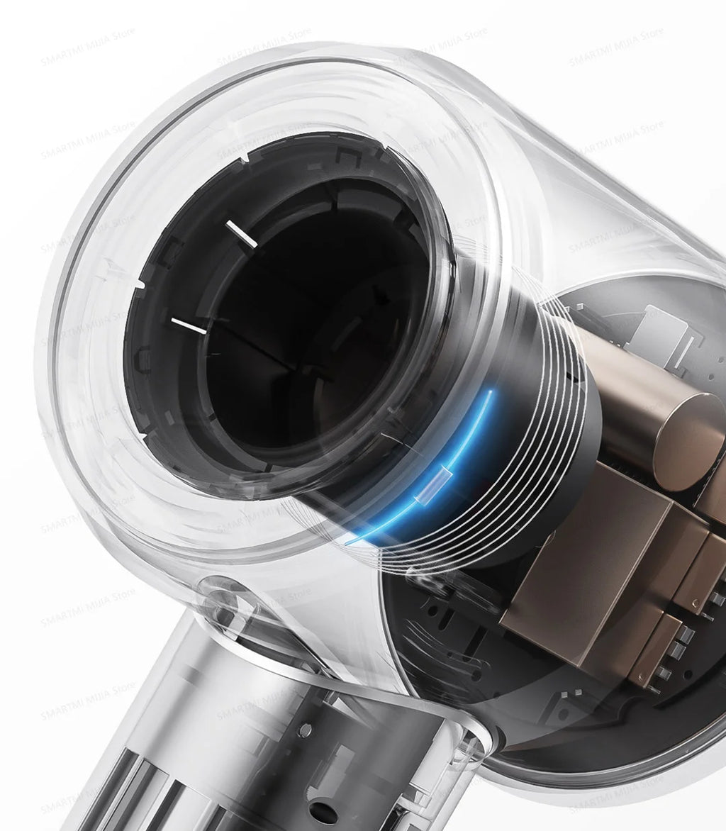 MIJIA high-speed hair dryer inner motor view, showing powerful 110,000rpm airflow engine and sleek transparent design.