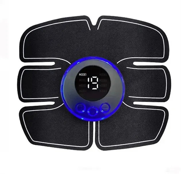 Black EMS muscle stimulator pad with a circular blue digital controller displaying intensity level 19 for abdominal use.