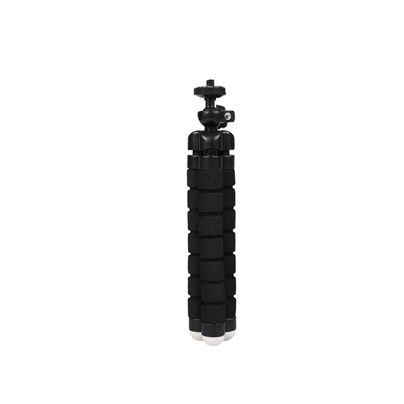 Small, flexible black tripod with a ball head mount for stabilizing cameras or smartphones.