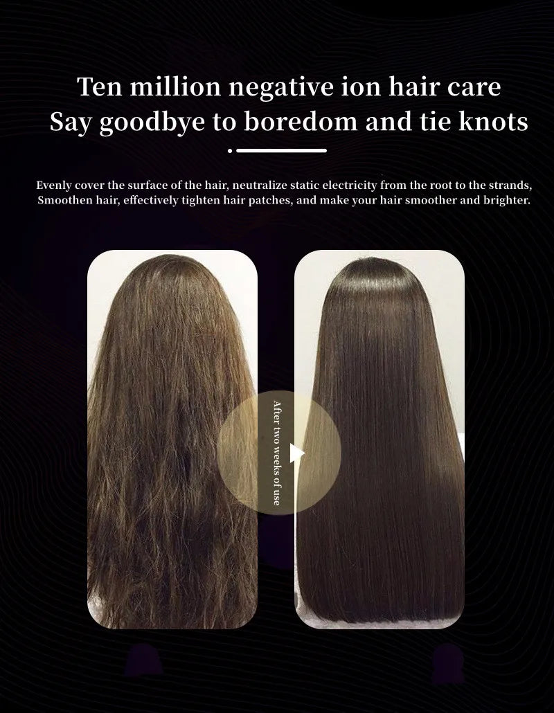 Before and after comparison of hair smoothed by a 2400W negative ion salon hair dryer for frizz-free, shiny results.