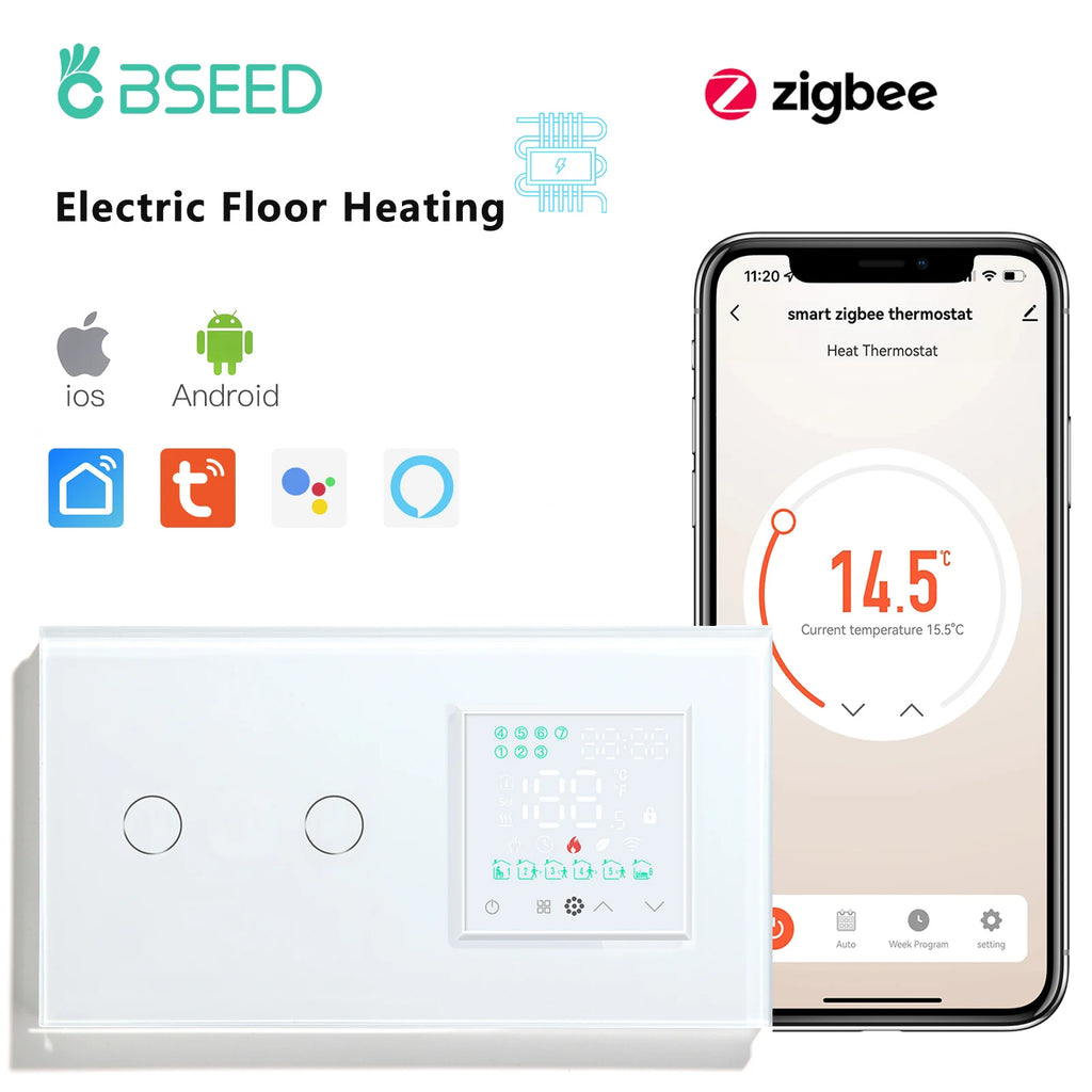 BSEED Zigbee Thermostat LED Touch Screen Switches Electric Floor Heating Room Alexa Temperature Controller Tuya App USB Socket