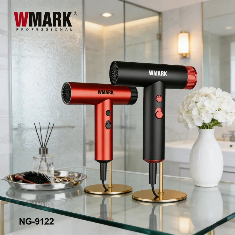 WMARK NG-9122 professional high-speed hair dryer in black and red on gold stands for salon or home use.