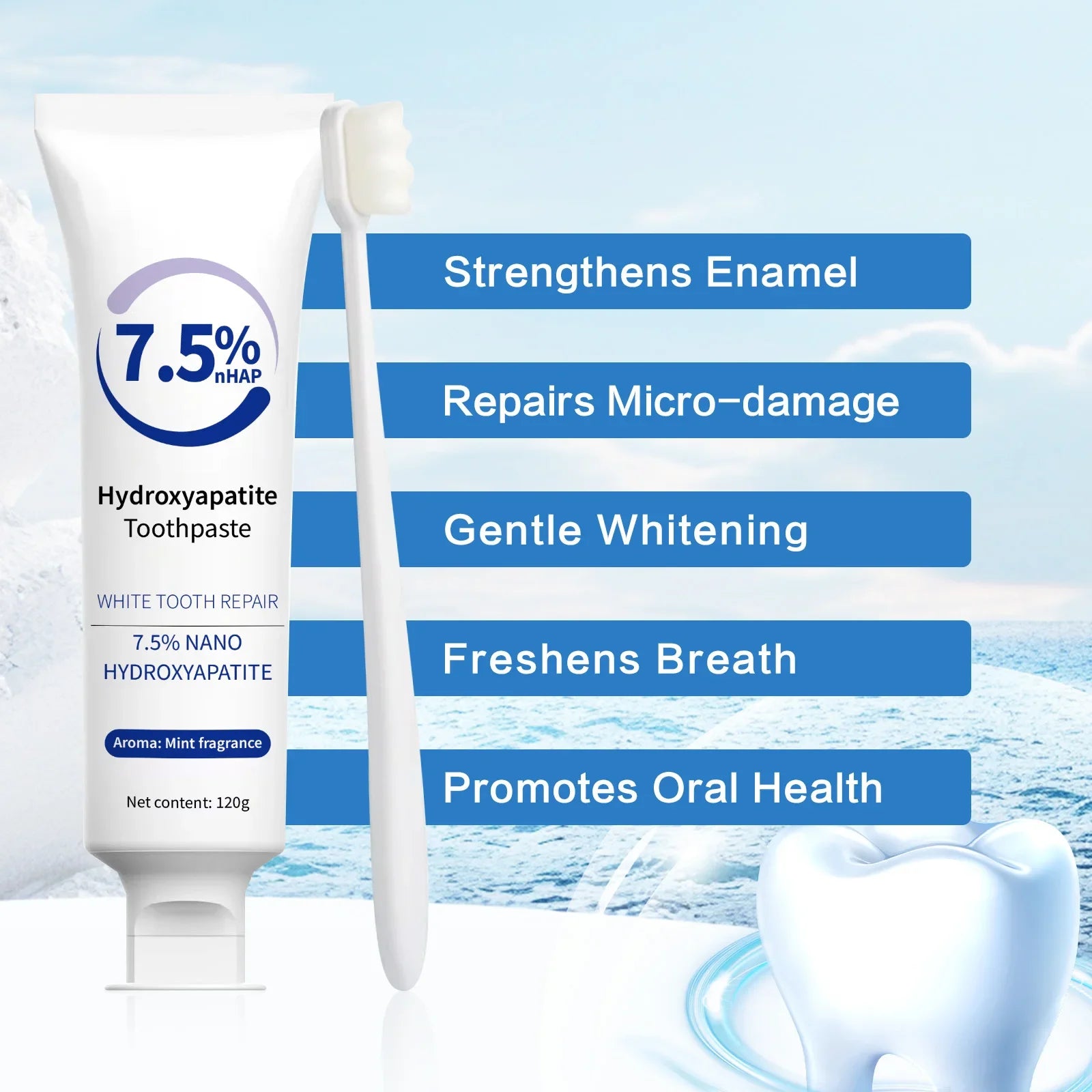 Tidesmit Hydroxyapatite enamel repair toothpaste and whitening pen kit for stain removal and fresh breath.
