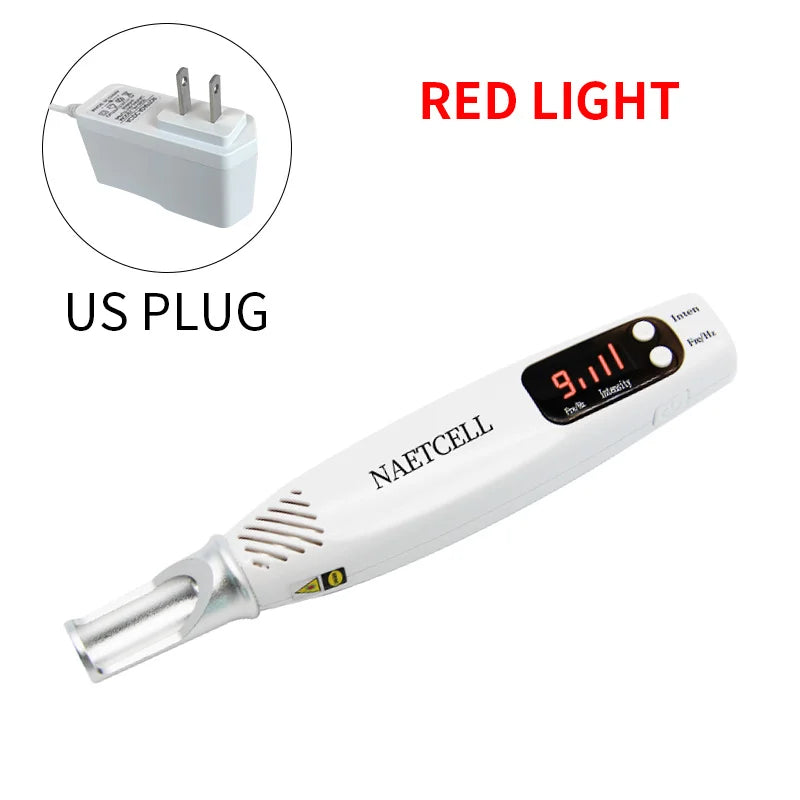 White handheld picosecond laser pen for tattoo and spot removal with red light, digital display, and US power plug.