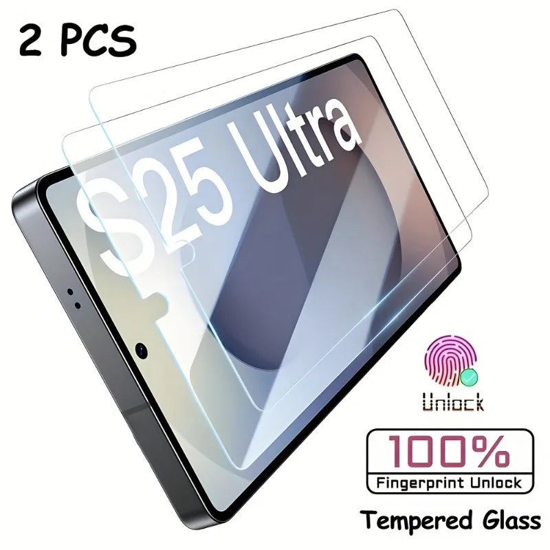 2Pcs Fingerprint Unlock HD Screen Protectors for S25 S24 Ultra S23 Plus S22 S21 S25 Edge High Definition Clear Full Cover Glass AE 2 pieces High Definition Tidesmit