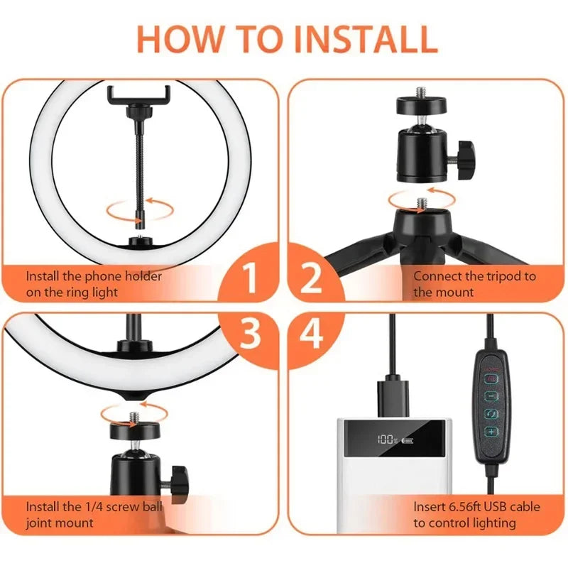 Four-step diagram showing assembly of a black ring light with tripod stand, phone holder, and USB power cable.