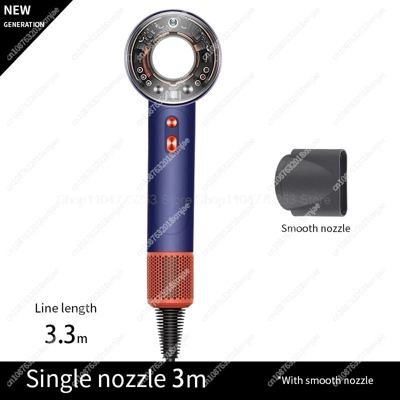 Blue leafless hair dryer with orange detail, negative ion tech, and smooth nozzle attachment for professional styling.