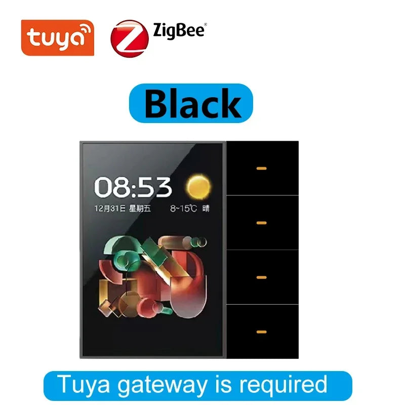 Tuya Zigbee 3.5 Inch Smart Wall Switch Touch Screen 4 Groups Switch 8-way Scene Radar Sensor Dimming Switch Curtain Smart Home