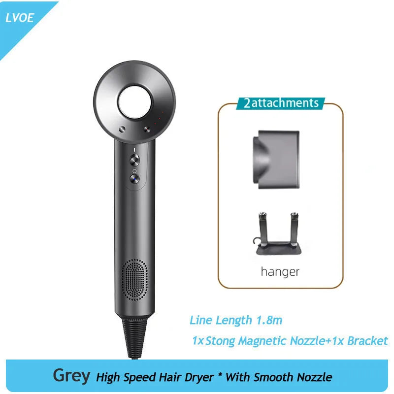 Grey 1600W high-speed ionic hair dryer with magnetic nozzle and storage hanger for salon-quality styling at home.