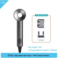 Grey 1600W high-speed ionic hair dryer with magnetic nozzle and storage hanger for salon-quality styling at home.
