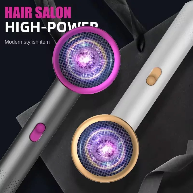 High-speed professional hair dryer with pink and gold ring accents, modern sleek design, and hot/cold air control.