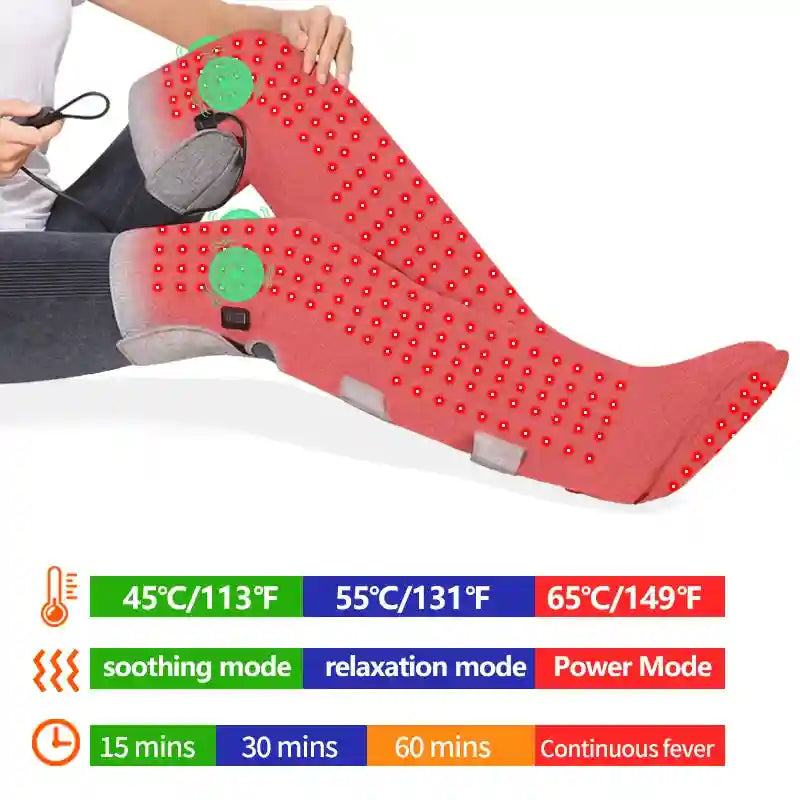 Red fabric leg-warming boots with red light therapy dots, vibration zones, and a handheld controller for heat settings.