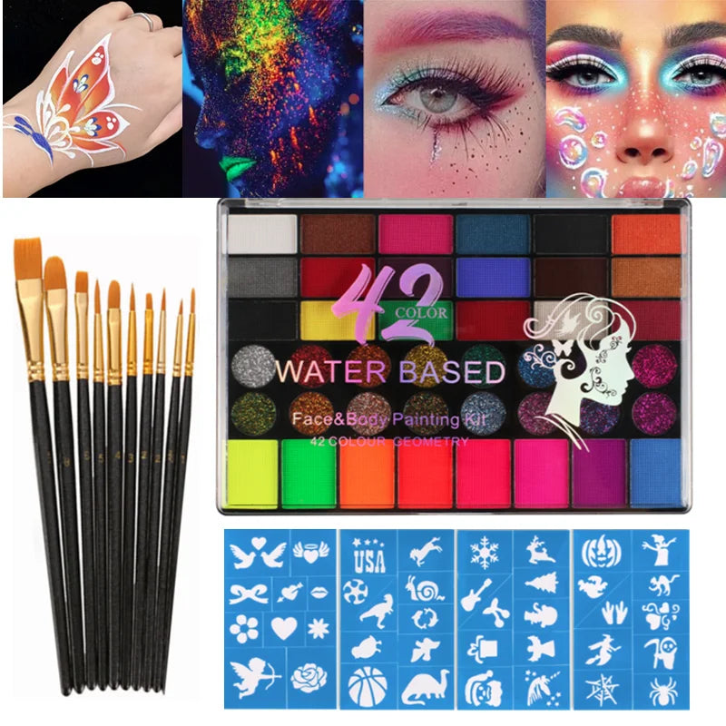 Tidesmit 42 color face and body paint kit featuring water soluble neon glow makeup for festivals and Halloween