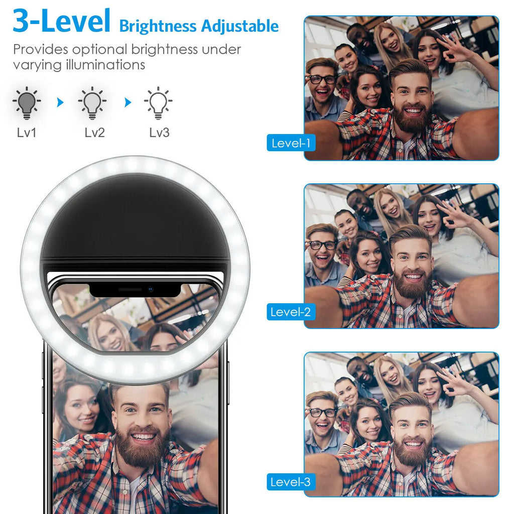 White circular LED clip-on selfie ring light for smartphones, featuring three adjustable brightness levels.