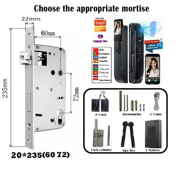 6068,5572,6072,6085 Mortise Lock Tuya Wifi App Camera Smart Digital Lock With Fingerprint Face Key Card Rfid