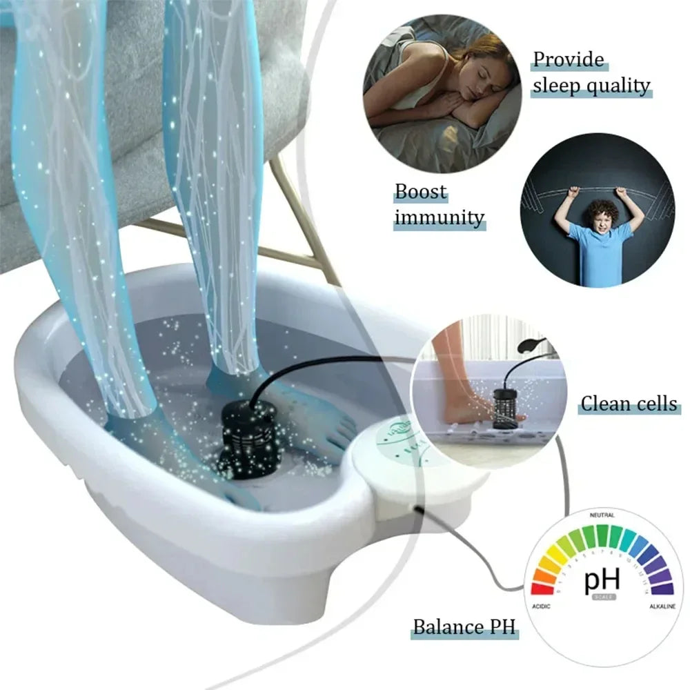 Ionic detox foot spa bath machine with bubble ionizer for relaxation, pH balance, and health wellness.