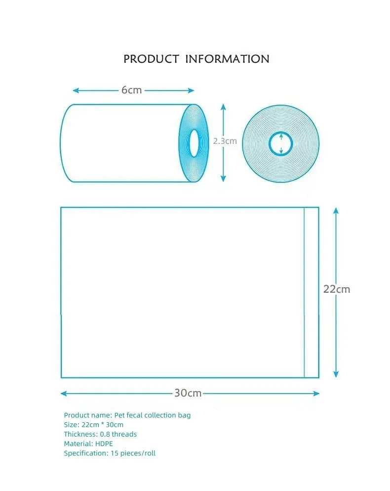 HDPE dog poop bag roll dimensions, 22x30cm, 15 bags per roll for easy pet waste cleanup and daily dog walking.